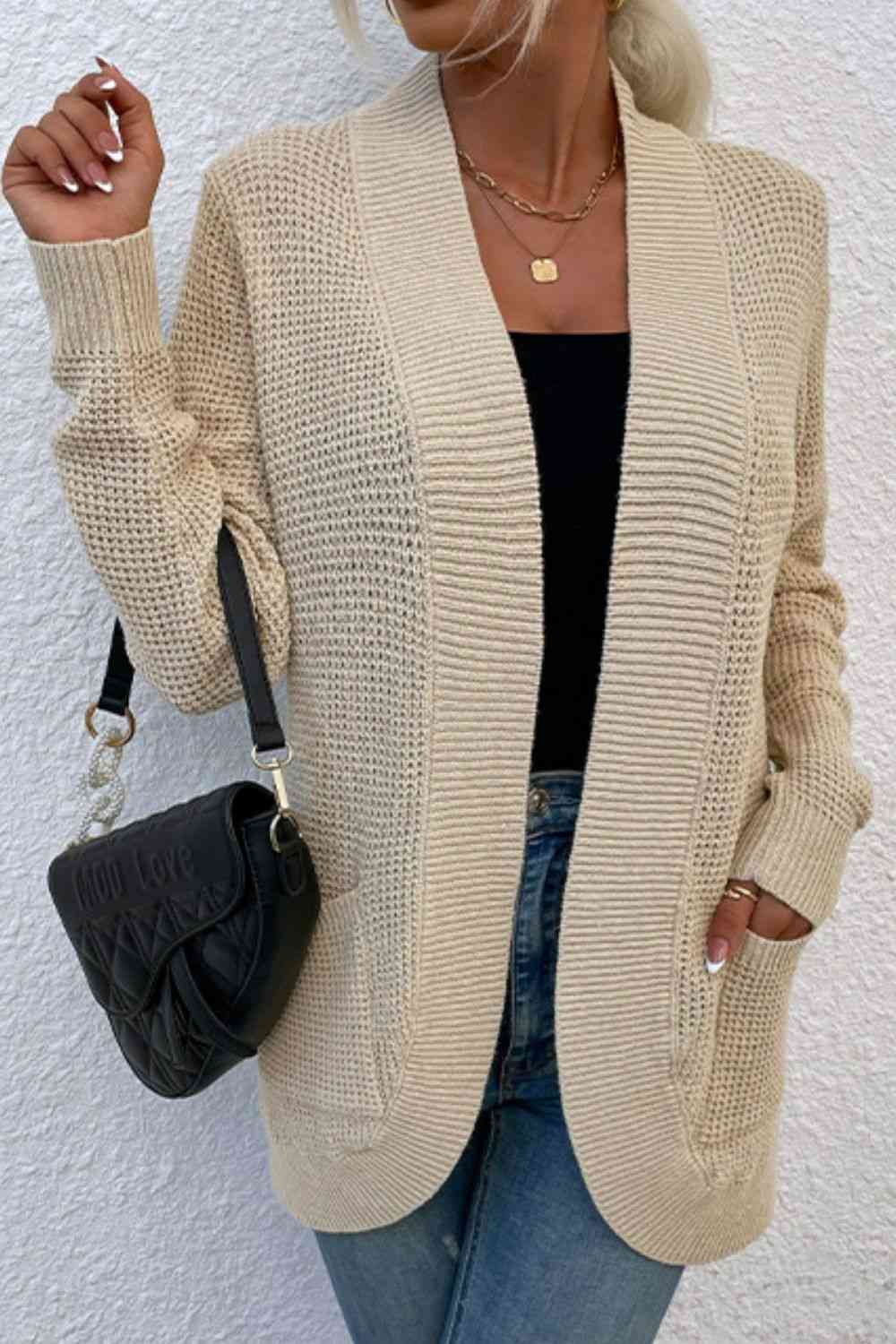 Open Front Rib-Knit Cardigan with Pockets - Ladyez