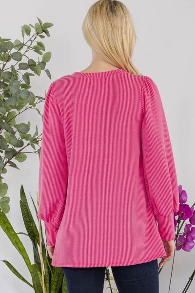 Celeste Full Size Striped Round Neck Lantern Sleeve Top - Ladyez