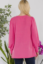 Celeste Full Size Striped Round Neck Lantern Sleeve Top - Ladyez