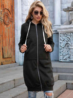 Zip-Up Longline Hoodie with Pockets - Ladyez