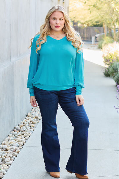 Basic Bae Full Size V-Neck Lantern Sleeve Blouse - Ladyez
