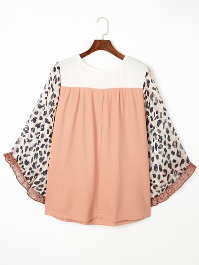 Plus Size Leopard Ruffle Trim Long Sleeve Blouse - Ladyez