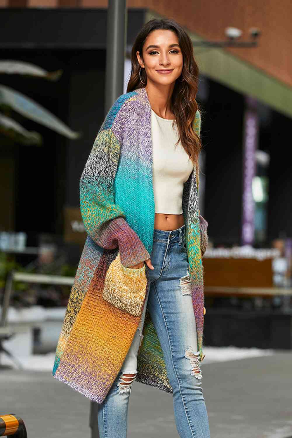 Gradient Button Down Duster Cardigan with Pockets - Ladyez