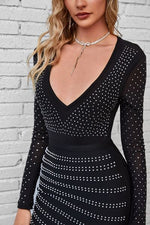 Rhinestone V-Neck Long Sleeve Wrap Dress - Ladyez
