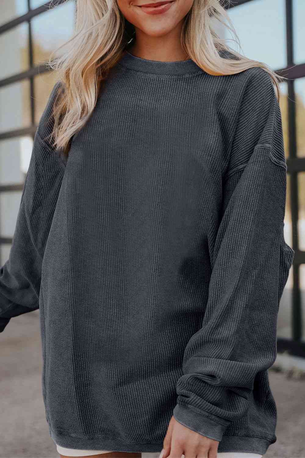 Ribbed Round Neck Drop Shoulder Sweatshirt - Ladyez