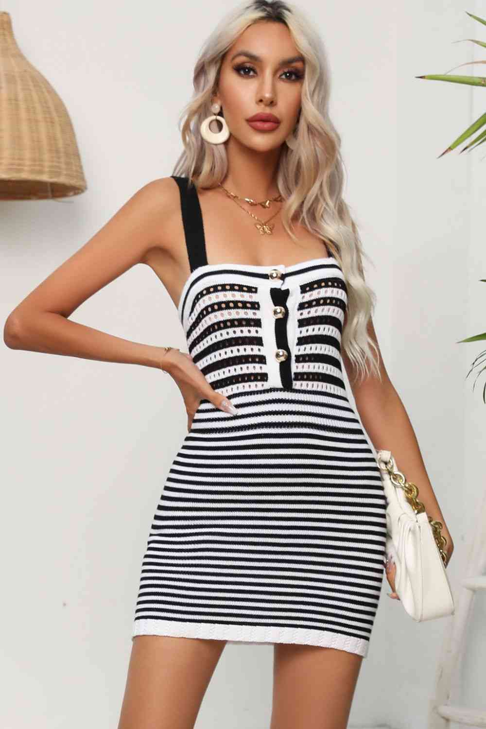 Striped Straight Neck Bodycon Dress - Ladyez