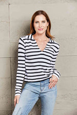 Double Take Striped Johnny Collar Long Sleeve Knit Top - Ladyez