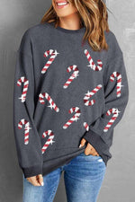 Sequin Candy Cane Round Neck Sweatshirt - Ladyez