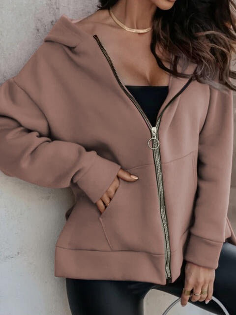 Zip-Up Slit Hoodie with Pockets - Ladyez