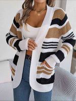Striped Open Front Long Sleeve Cardigan - Ladyez