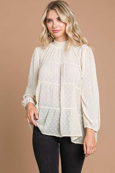 Culture Code Full Size Swiss Dot Smocked Mock Neck Blouse - Ladyez