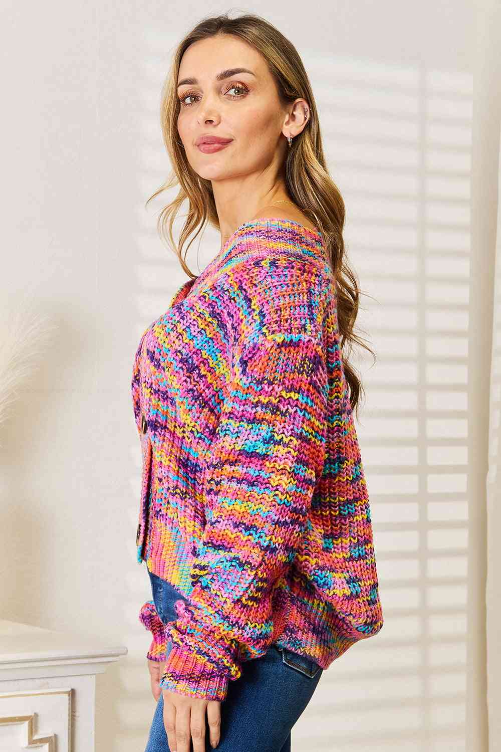 Woven Right V-Neck Long Sleeve Cardigan - Ladyez