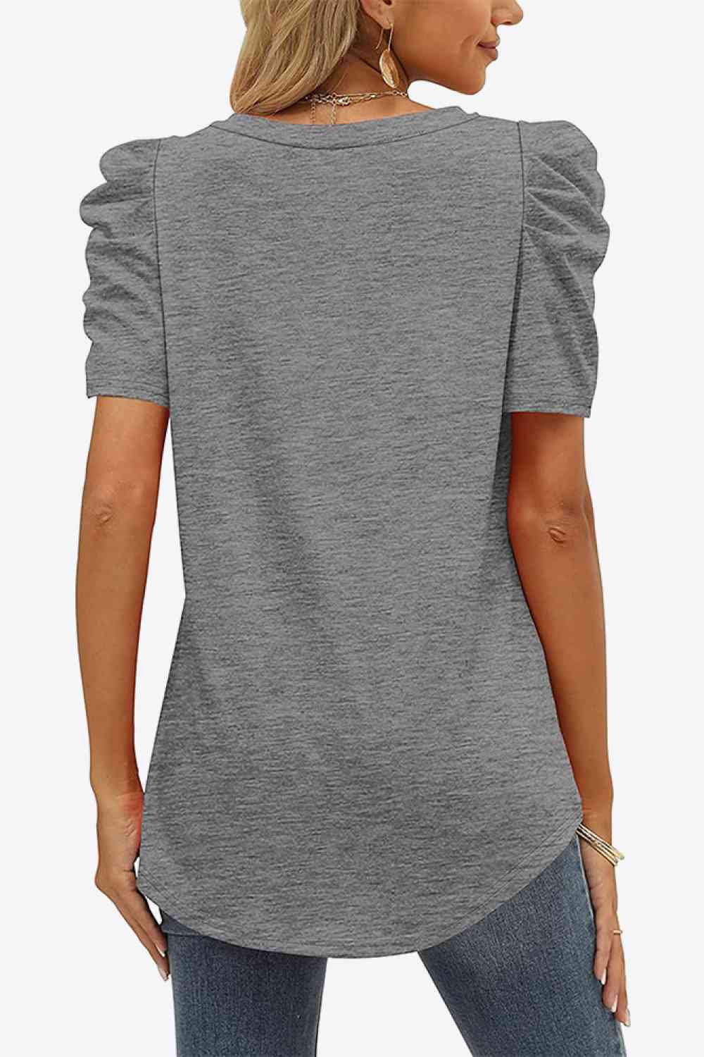 V-Neck Puff Sleeve Tee - Ladyez