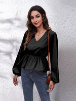 V-Neck Balloon Sleeve Peplum Blouse - Ladyez
