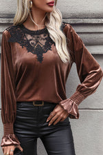 Lace Detail Round Neck Smocked Flounce Sleeve Blouse - Ladyez