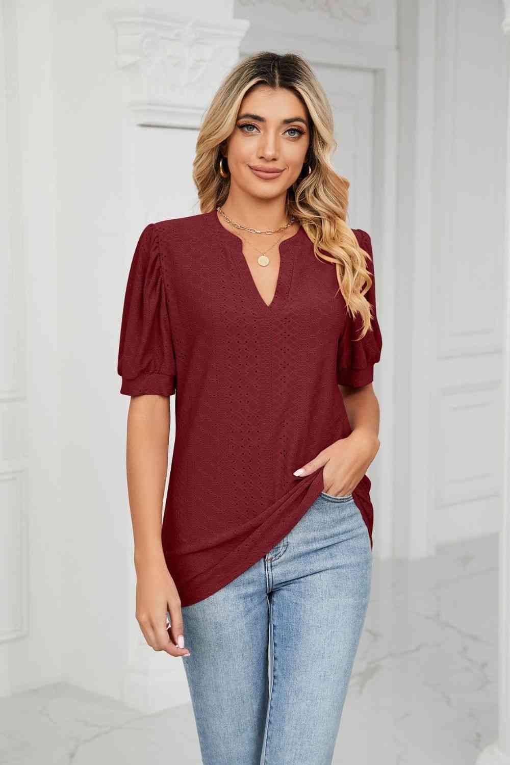 Eyelet Short Puff Sleeve Notched Neck Top - Ladyez