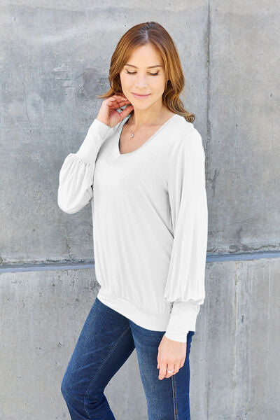 Basic Bae Full Size V-Neck Lantern Sleeve Blouse - Ladyez