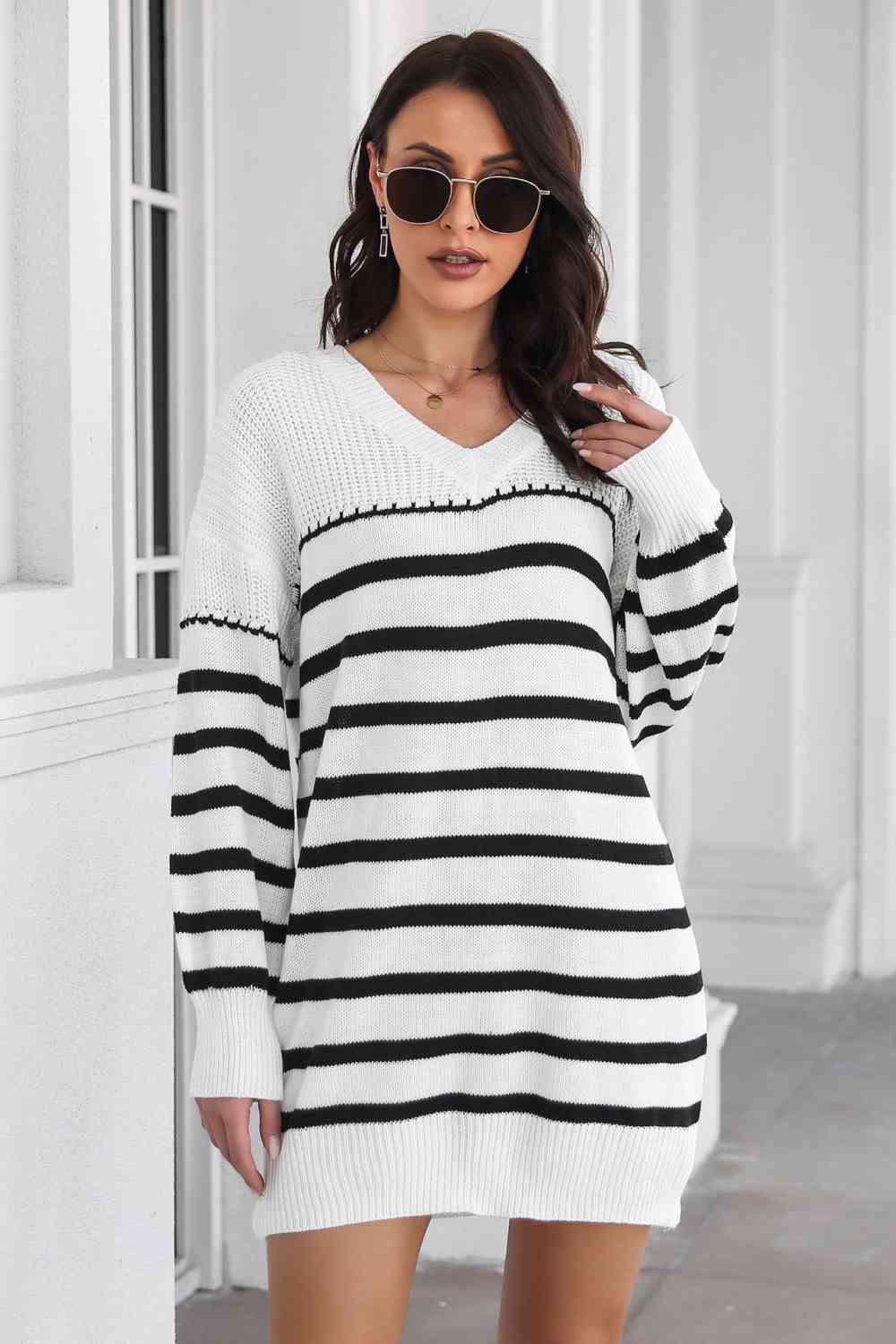 Striped V-Neck Drop Shulder Sweater Dress - Ladyez