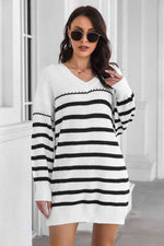 Striped V-Neck Drop Shulder Sweater Dress - Ladyez