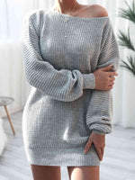 Rib-Knit Balloon Sleeve Boat Neck Sweater Dress - Ladyez