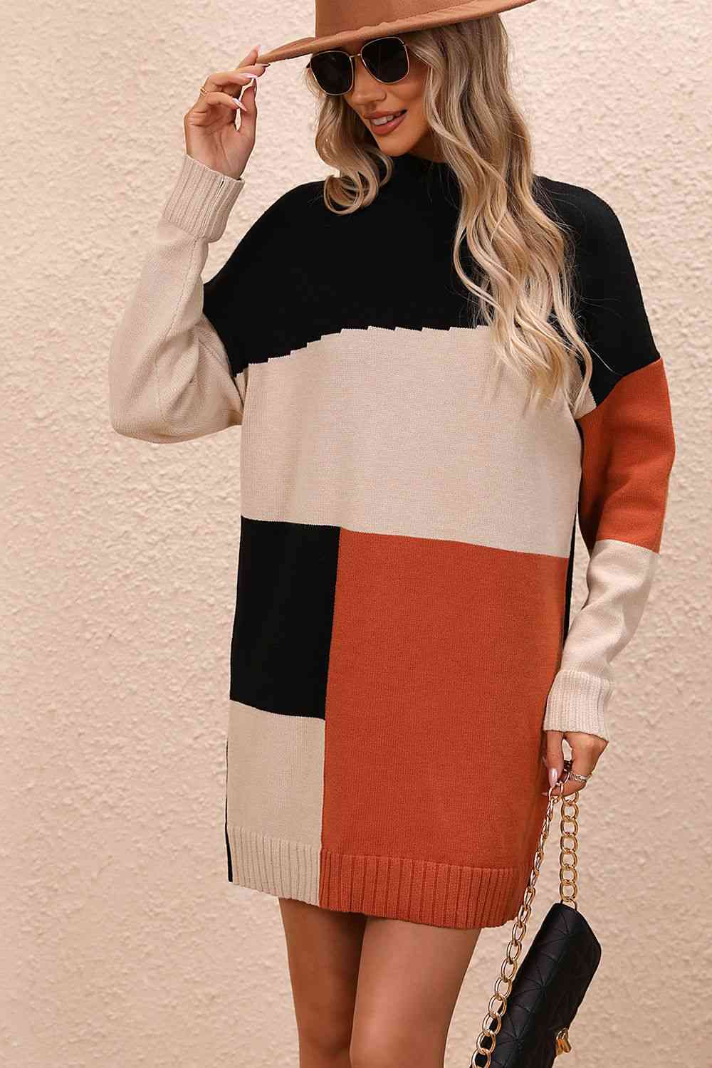 Color Block Mock Neck Dropped Shoulder Sweater Dress - Ladyez