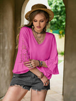 Double Take Plus Size Flower Crochet Flare Sleeve Top - Ladyez