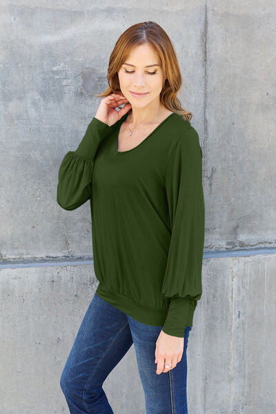 Basic Bae Full Size V-Neck Lantern Sleeve Blouse - Ladyez