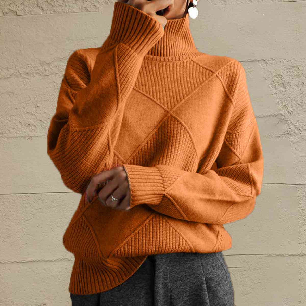 Geometric Turtleneck Long Sleeve Sweater - Ladyez