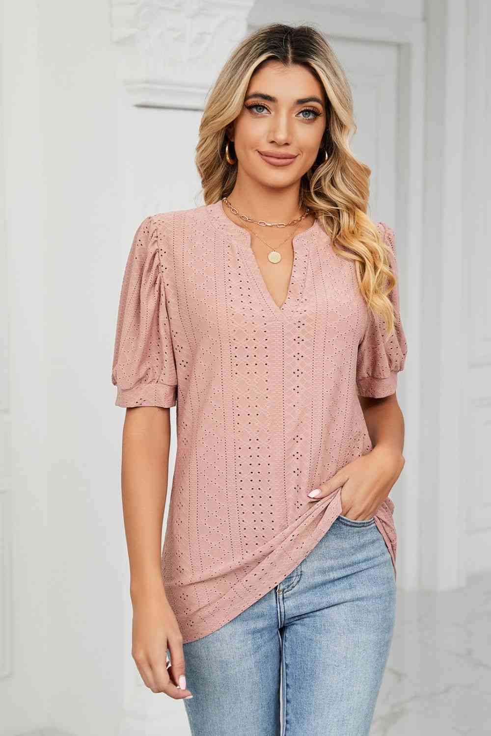 Eyelet Short Puff Sleeve Notched Neck Top - Ladyez