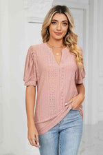Eyelet Short Puff Sleeve Notched Neck Top - Ladyez