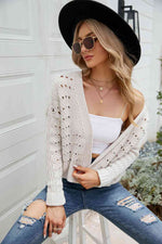 Open Front Cuffed Cropped Cardigan - Ladyez