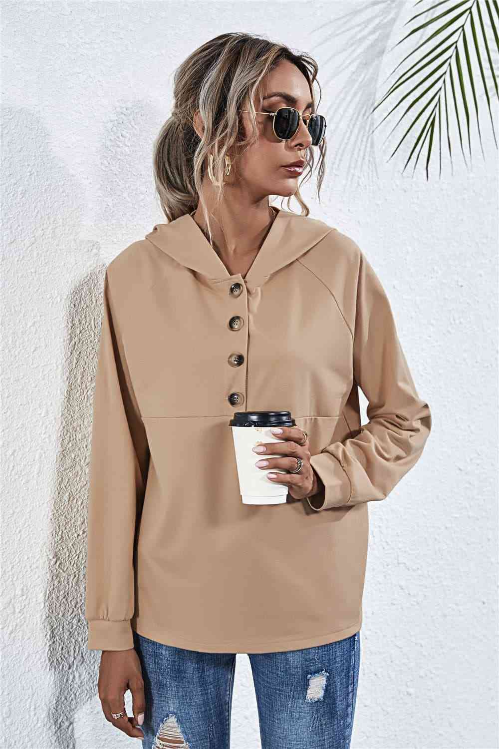 Buttoned Raglan Sleeve Hooded Blouse - Ladyez