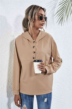 Buttoned Raglan Sleeve Hooded Blouse - Ladyez