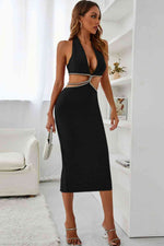 Rhinestone Halter Neck Cutout Slit Midi Dress - Ladyez