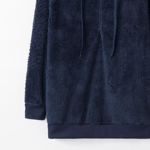 Quarter-Zip Drawstring Teddy Hoodie - Ladyez