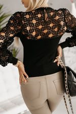Hollowed Floral Lace Spliced Long Sleeve Blouse - Ladyez