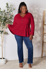 Double Take Half Button Long Sleeve Ruffle Hem Blouse - Ladyez