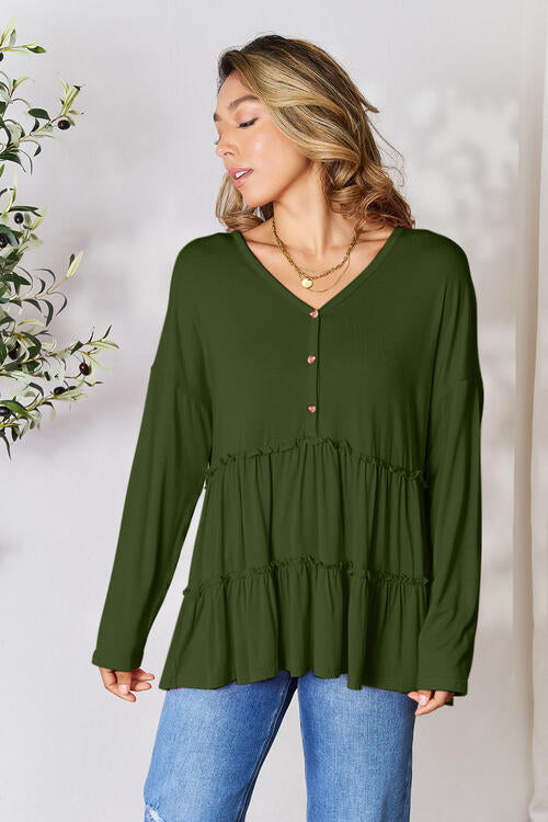 Double Take Half Button Long Sleeve Ruffle Hem Blouse - Ladyez