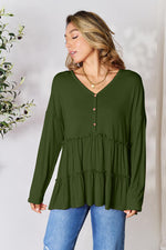 Double Take Half Button Long Sleeve Ruffle Hem Blouse - Ladyez
