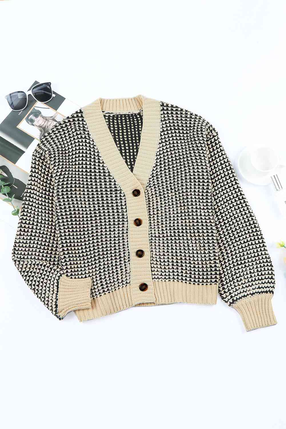 Woven Right Waffle-Knit Drop Shoulder Button-Down Cardigan - Ladyez