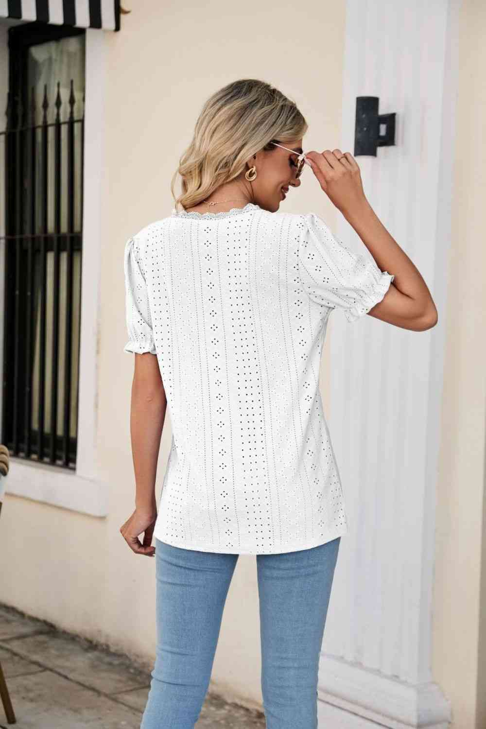 Eyelet Flounce Sleeve Scalloped V-Neck Top - Ladyez