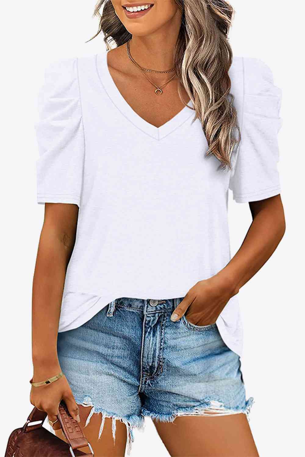 V-Neck Puff Sleeve Tee - Ladyez