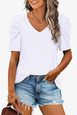 V-Neck Puff Sleeve Tee - Ladyez
