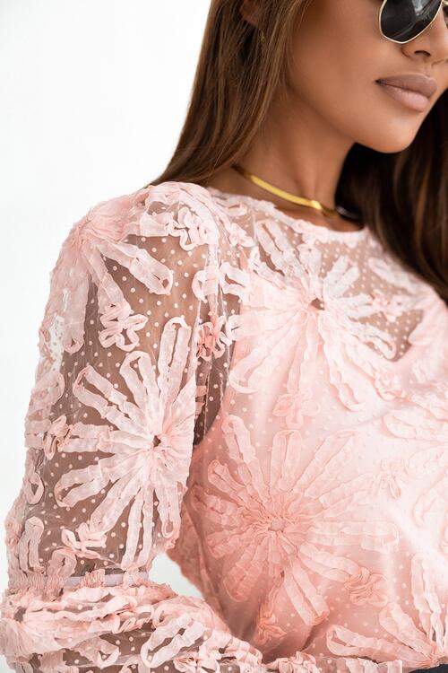 Flower Dotted Ruffled Sleeve Mesh Top - Ladyez