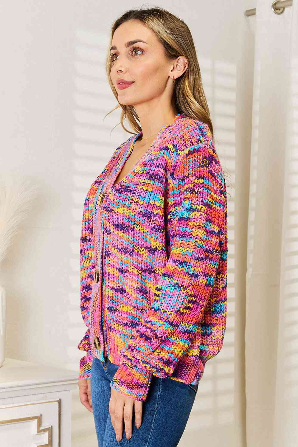 Woven Right V-Neck Long Sleeve Cardigan - Ladyez