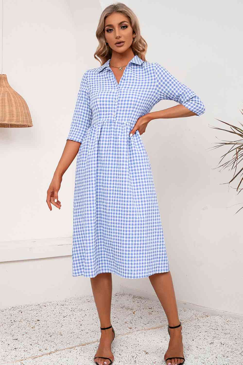 Plaid Collared Neck Midi Dress - Ladyez