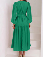 Deep V-Neck Balloon Sleeve Plain Maxi Dress - Ladyez