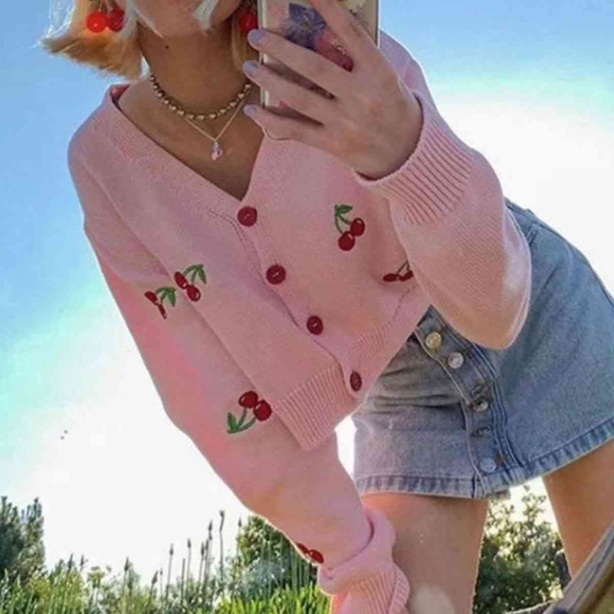 Cherry Button Down Cardigan - Ladyez