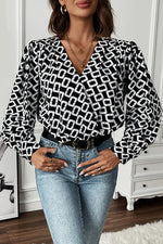 Geometric V-Neck Long Sleeve Blouse - Ladyez
