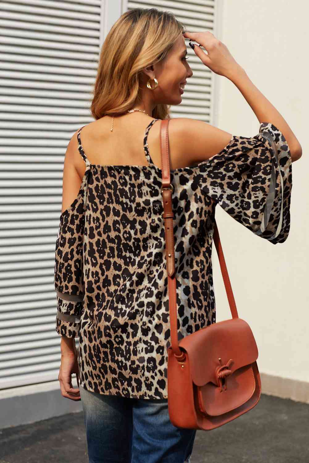 Printed Cold-Shoulder Three-Quarter Flare Sleeve Blouse - Ladyez